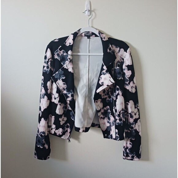Express Moto Floral Jacket Asymmetrical Zip Up Cropped Fit Black Pink M - Picture 2 of 7